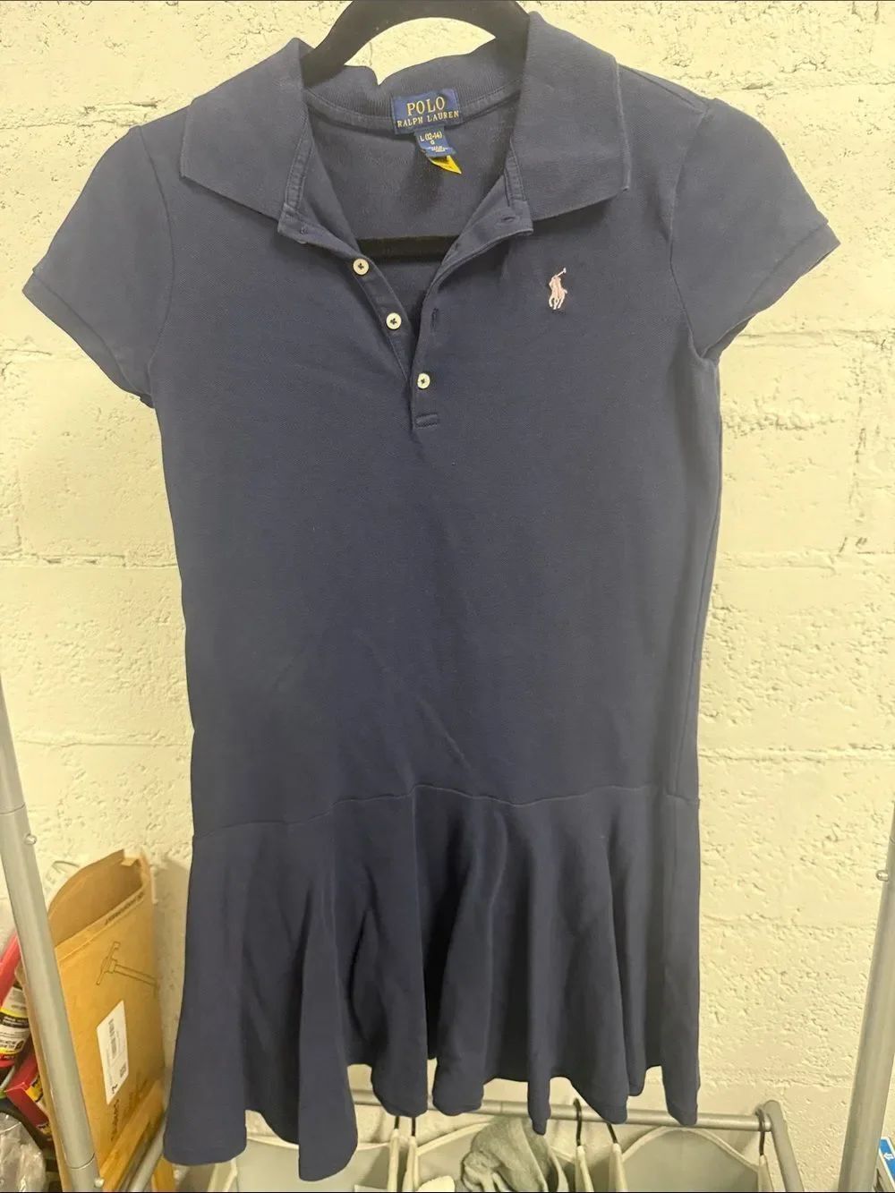 Girls Polo Ralph Lauren Navy Polo Dress with Pink Pony - Size Large